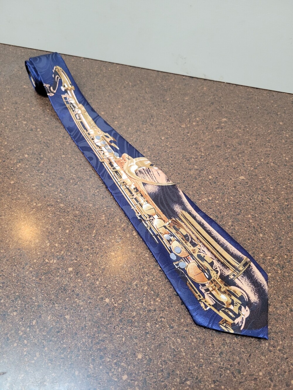 Vintage Steven Harris Neck Tie Saxophone Print Musician Novelty Blue Polyester